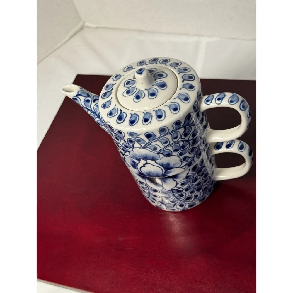 Blue and White Floral Tea-for-One Set Delft Style Tea Pot and Cup
